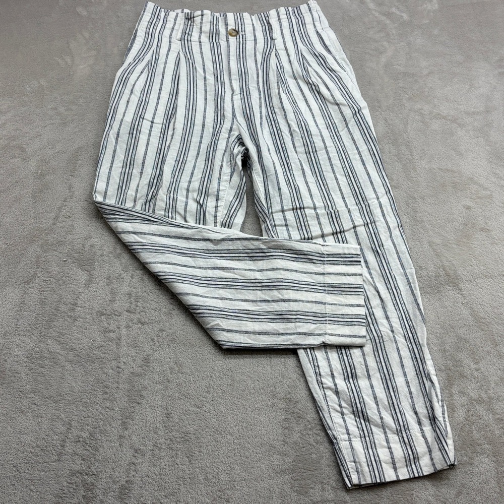 Madewell Striped Pants Women 4 White Navy Linen Blend Pleated HR Coastal Grandma